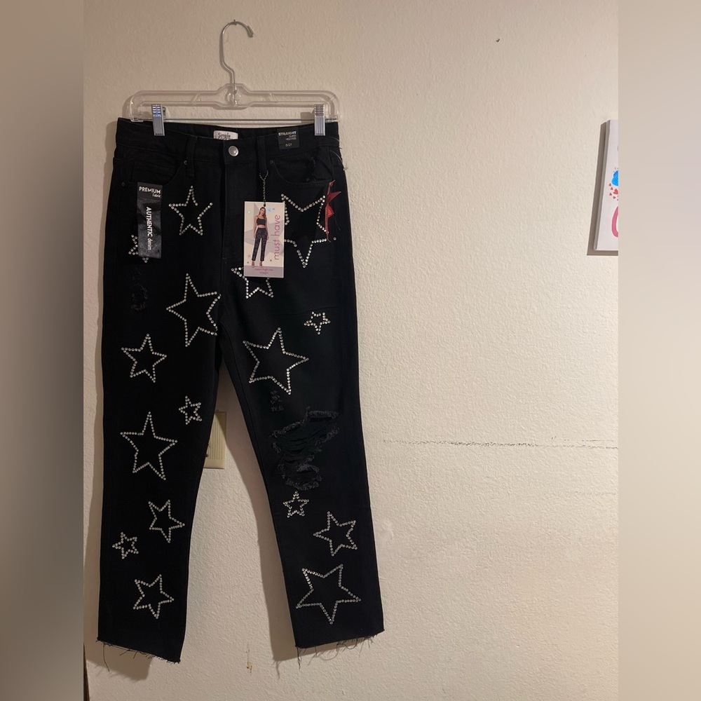 Blk white crystal stars, Super high rise straight, Authentic denim.